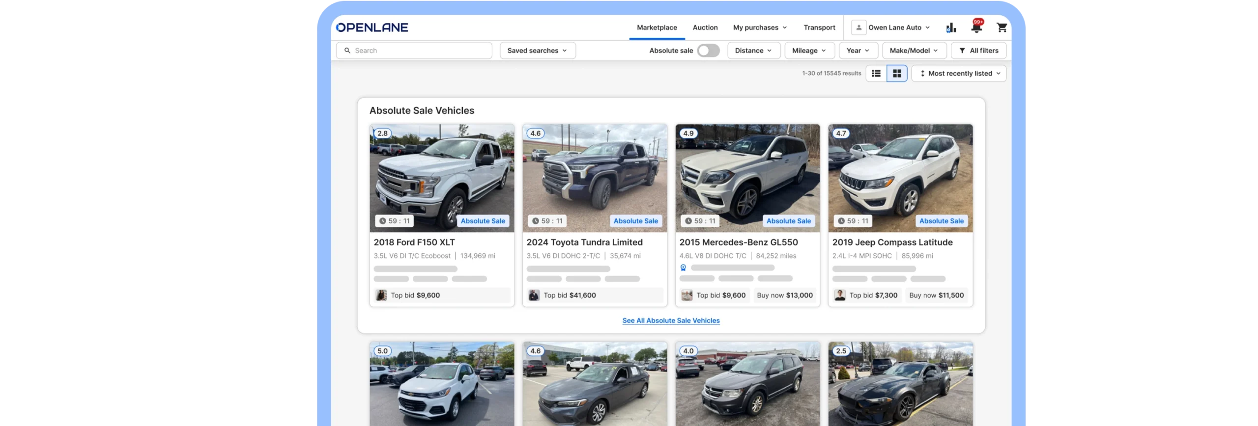 Screenshot of an online car auction platform showing listings for various vehicles, including a 2022 Ford F-150, 2018 Toyota Tundra, 2016 Mercedes-Benz GLS, and others, each with images, details, and bid options.